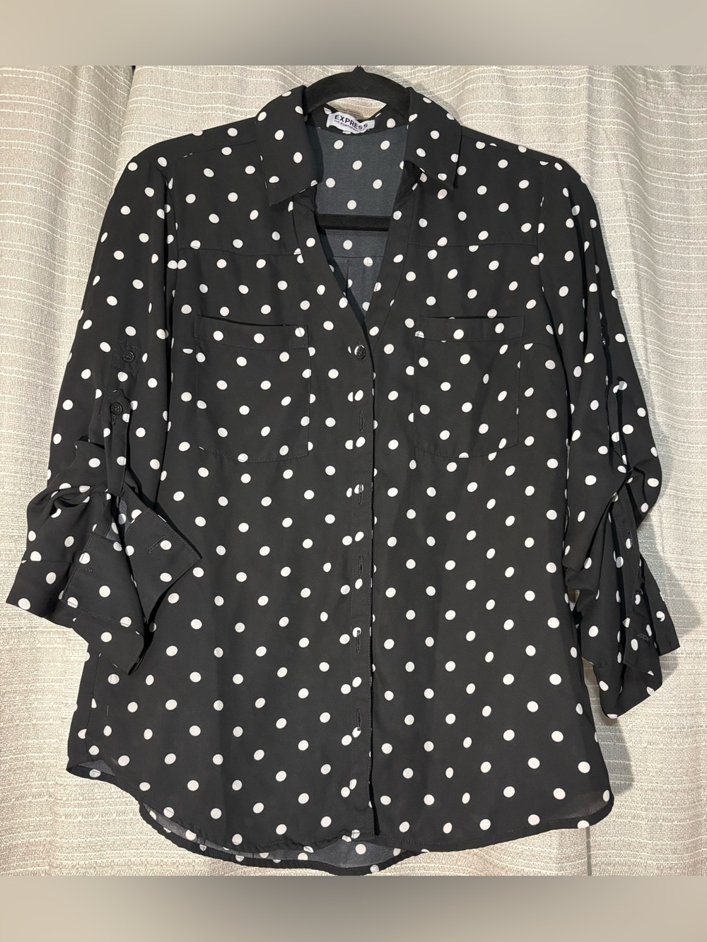 Express Portofino Black White Polka Dot Blouse | Chic Parisian Style Top - Picture 3 of 8